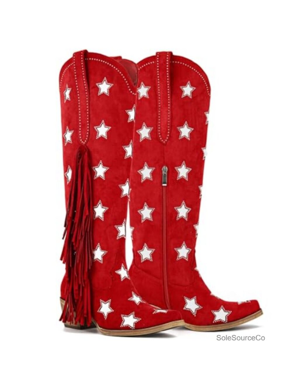 Suede Fringe Knee High Western Cowboy Boots Block Heel Square Toe
